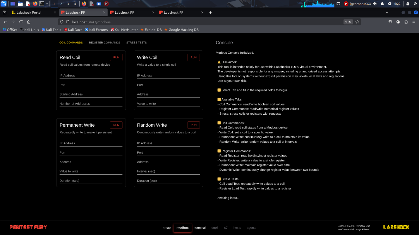 بخشی از محیط Pentest Fury که به اجرای حملات مبتنی بر پروتکل Modbus اختصاص دارد؛ شامل قابلیت‌هایی برای خواندن و نوشتن کویل‌ها، ثبت دائمی یا تصادفی داده‌ها، و تست‌های فشار روی تجهیزات صنعتی. نتایج هر عملیات در کنسول سمت راست قابل مشاهده و تحلیل هستند.
